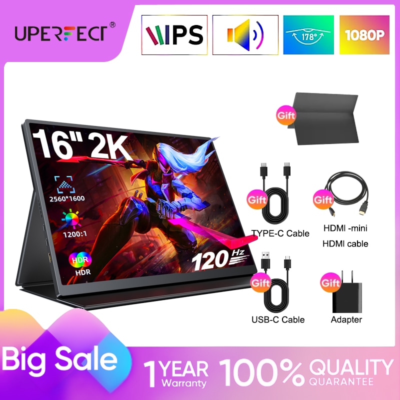 UPERFECT-16 ġ USB cŸ Ǯ HD 2K ػ 100% RGB ޴  IPS ̹ , Ʈ ǻ PS4/3/5 Xbox